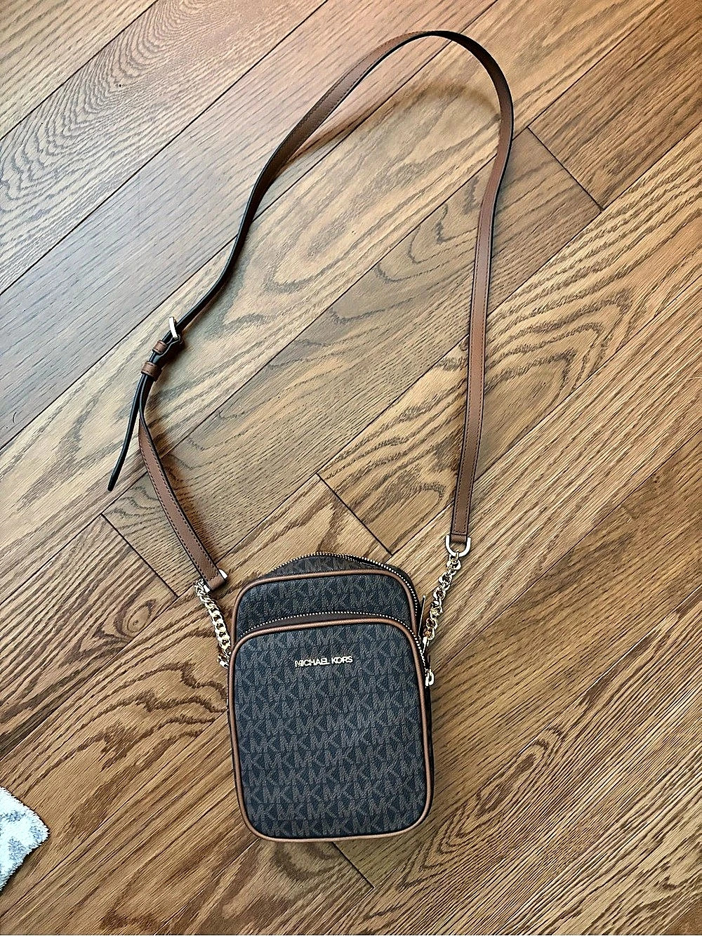 Michael Kors Jet Set Medium Double Zip Phone Crossbody Brown Bag